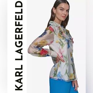 Karl Lagerfeld Paris Women's Floral-Print Ruffled Blouse -S-